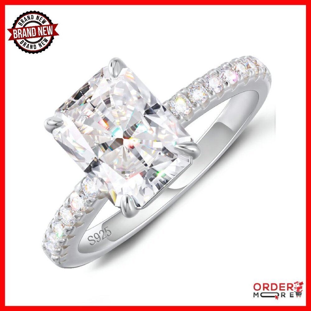 Radiant Cut Moissanite Ring Size 7 14K White Gold Plated Wedding Band